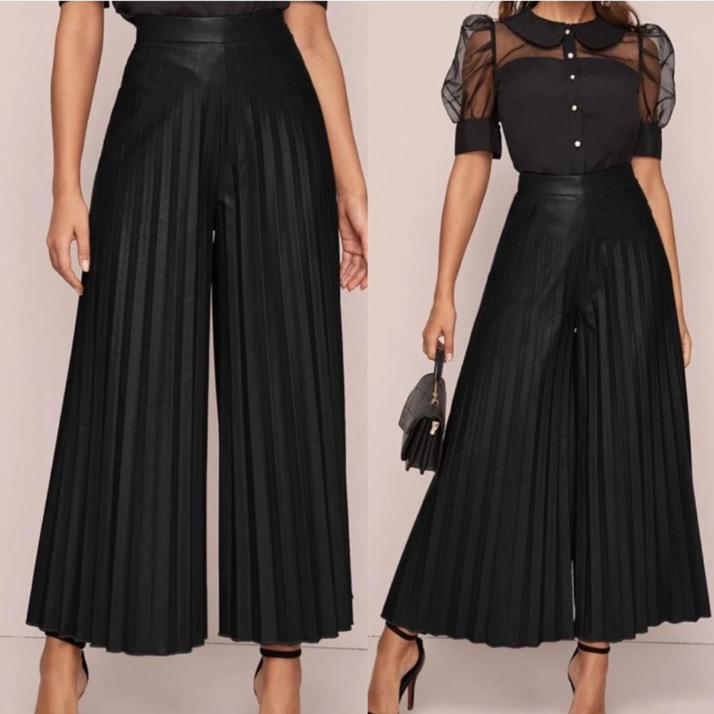 Vegan Leather Palazzo Wide Pants Black